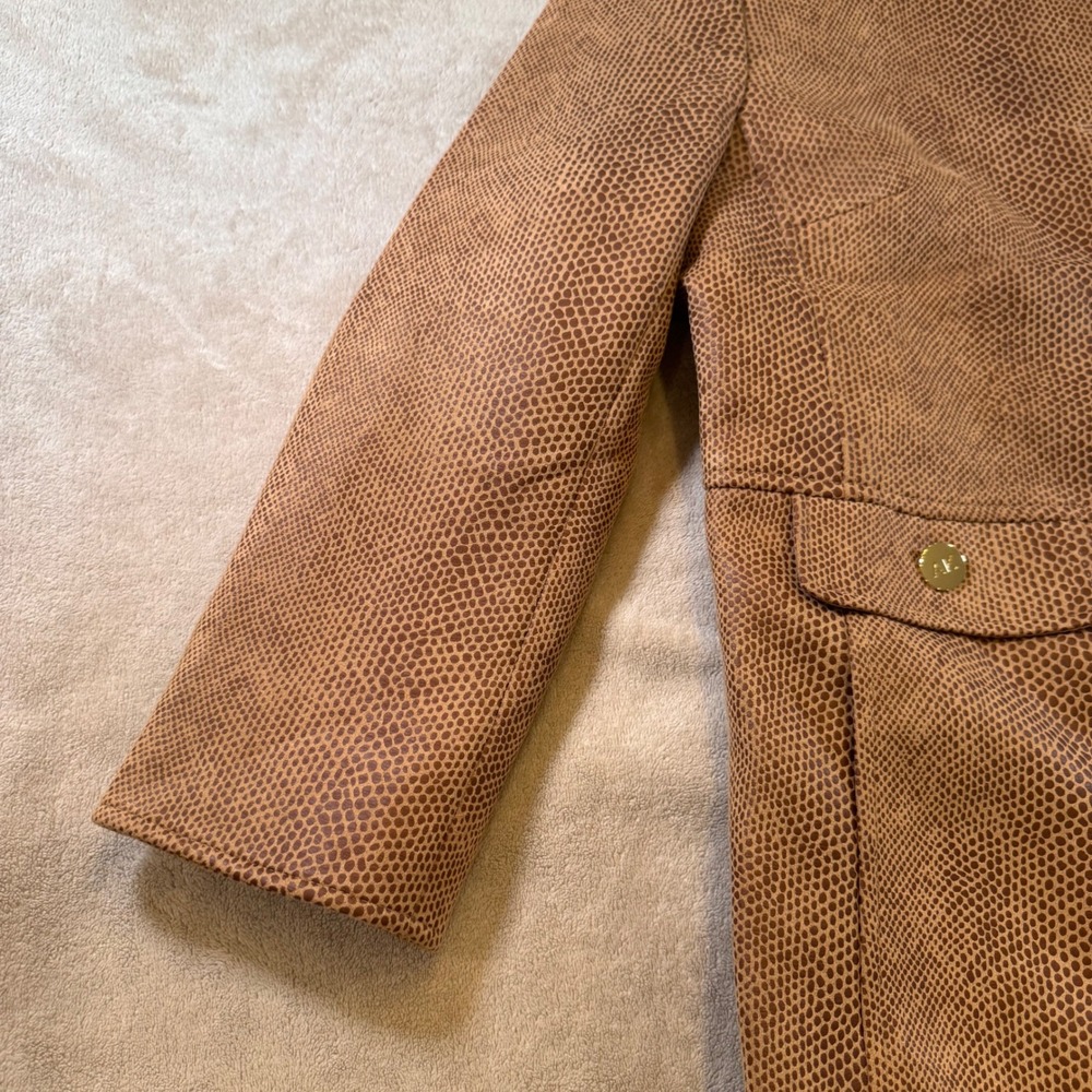 Faux Reptile Snakeskin Long Statement Coat Gold Buttons Brown Chic Sz M *FLAW - Picture 10 of 13